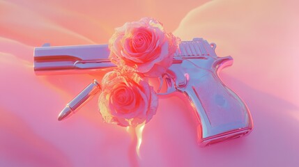 Elegant Contrast Gun and Roses in Soft Pink Background