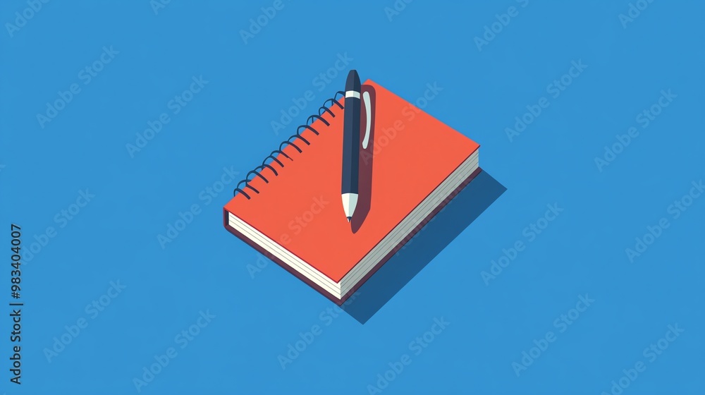 Poster an isometric view of a closed notebook with a pen resting on top.