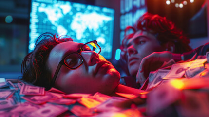 Obraz premium Young Man in High-Tech Office with Money and Digital World Map