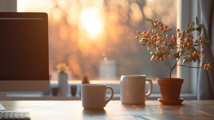 Cozy and minimalist workspace with laptop computer monitor potted plant and window overlooking a warm sunset  Serene and peaceful work environment for productivity and focus