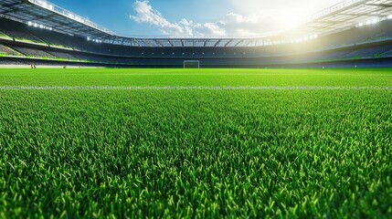Fototapeta premium Green Grass Field in Stadium with Goal and Seats