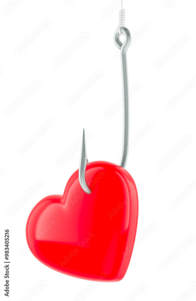 Poster red heart on the fishing hook, 3d rendering isolated on transparent background
