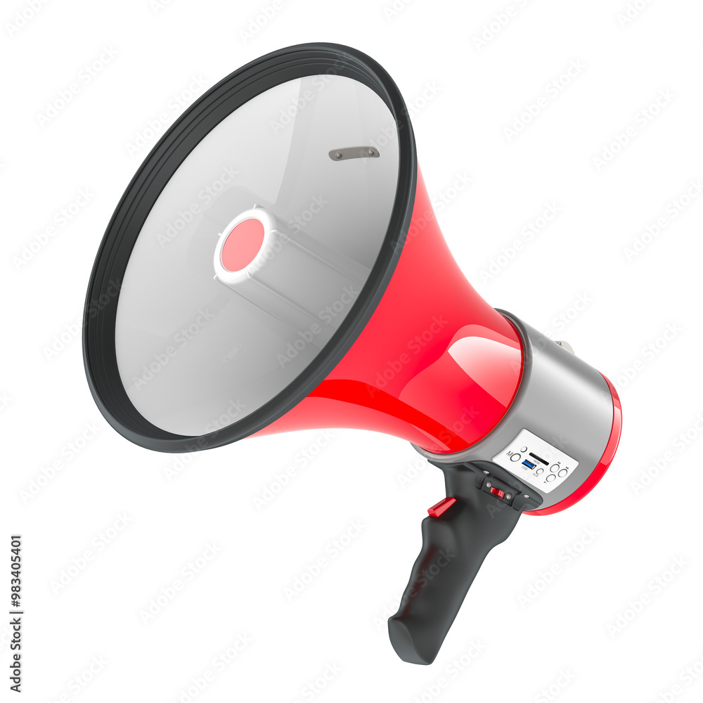 Poster red megaphone, 3d rendering isolated on transparent background