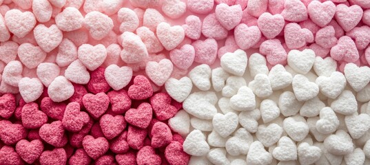 Romantic Background of Small Sugar Hearts in Pink and White, Valentines Day Concept. Top View.
