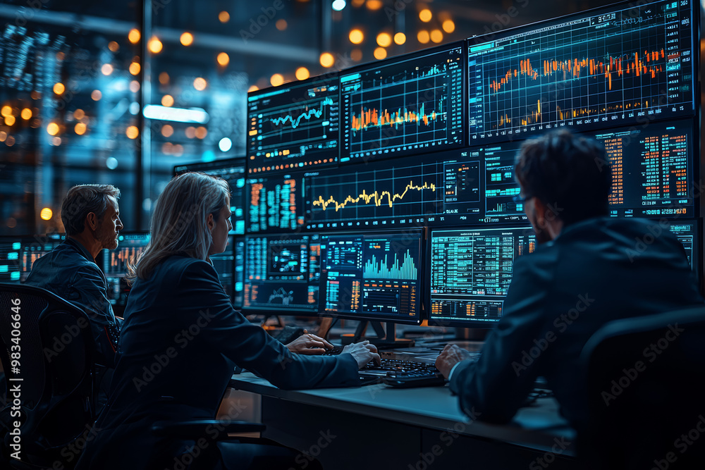 Poster a finance team working together in a high-tech office, surrounded by multiple monitors displaying fi