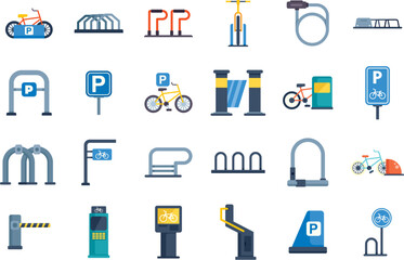 Bicycle parking icon set featuring parking lots, signs, and equipment for safe and secure bicycle storage