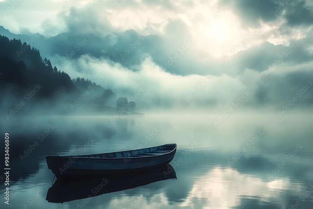 Poster Lonely rowboat on a misty lake with sun shining through the clouds