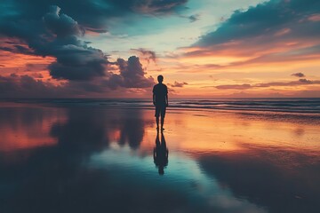 Silhouette of a Person on a Beach at Sunset, Reflection in Water