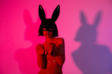 Photo of attractive woman hands paws hands play role rabbit mask red leather clothes isolated on...