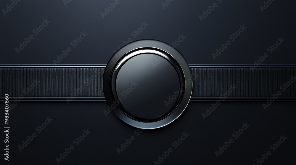 Poster a black circular button with a chrome trim, set against a dark background with a brushed chrome stri