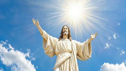 Fototapeta premium Jesus Christ Statue with Sun Rays and Blue Sky