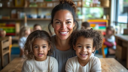 Teacher smiling with two students in a classroom