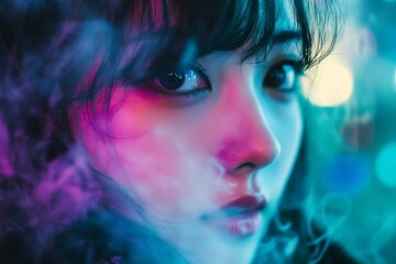 Fototapeta premium Mysterious Woman with Smoke and Neon Lights, Cyberpunk Aesthetic
