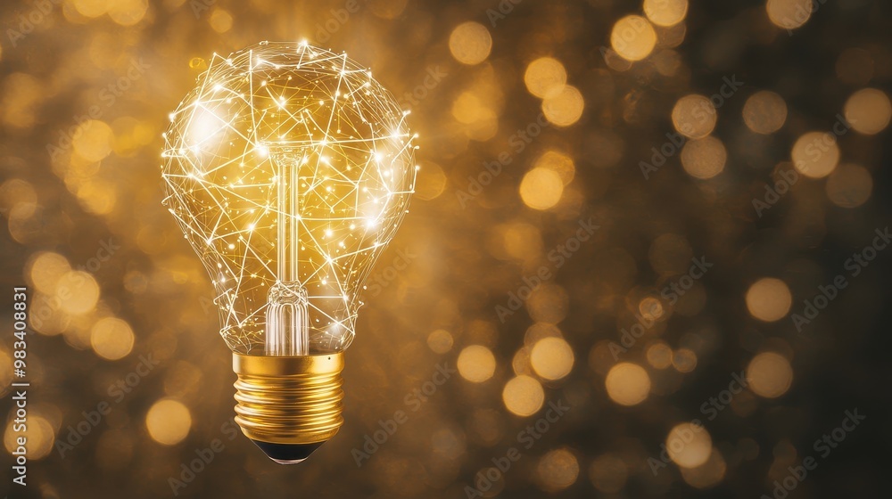 Poster glowing light bulb with abstract network pattern on golden bokeh background