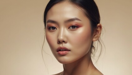 Naklejka premium Young East Asian Woman with Pink Lips and Subtle Makeup