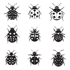 Fototapeta premium A black vector silhouette of a ladybird insect, Ladybug silhouette vector illustration