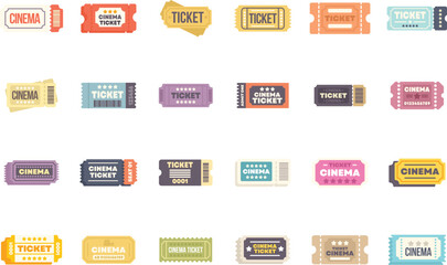 Set of cinema tickets admitting watching movie using vintage retro style
