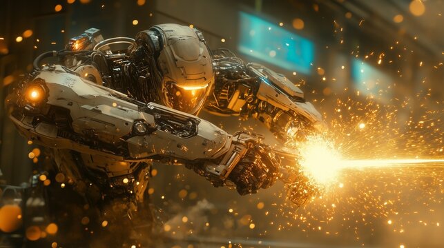 A highly detailed image of a futuristic combat robot engaged in action, releasing a burst of bright sparks. 