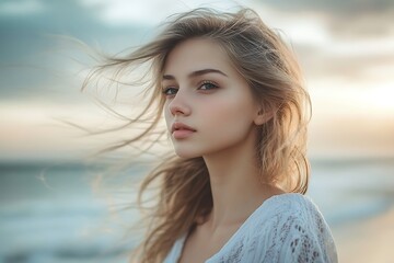 Young Woman with Long Blonde Hair Looking at Camera in Wind