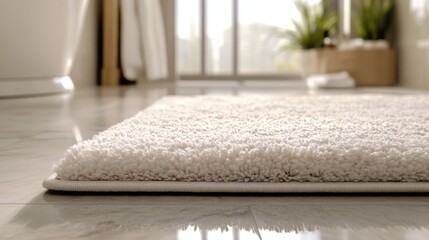 Close-up of a beautiful fluffy bathroom rug in a modern style with a soft texture. Bathroom rug made of absorbent and non-slip material.