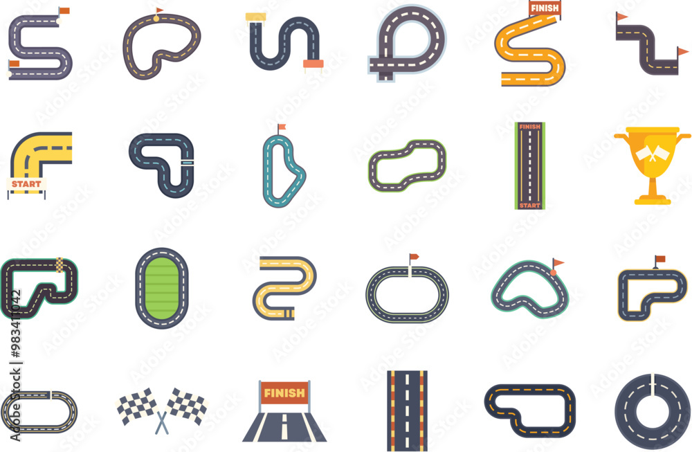 Poster this set of colorful icons is representing different race tracks, including start and finish lines, 
