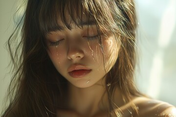 Naklejka premium A beautiful Japanese woman with long hair and bangs, her eyes closed as she...