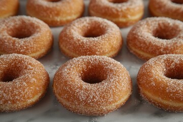 A Row of Sugar-Coated Donuts on a Marble Surface