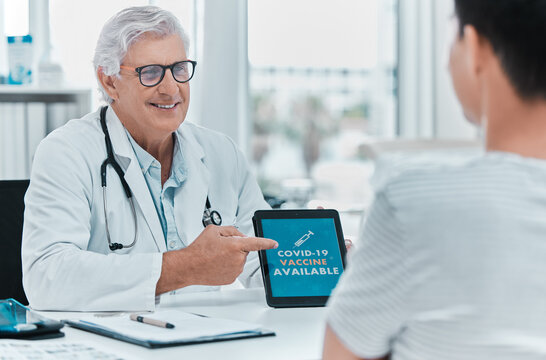 Tablet, vaccine and doctor with patient in consulting room for medical advice, covid xec variant and news. Technology, medicine and online with people in hospital for cure, virus or diagnosis results