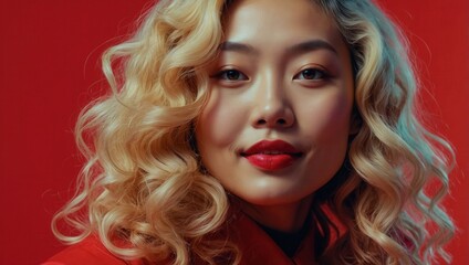 Fototapeta premium Smiling Blonde Woman With Voluminous Curly Hair
