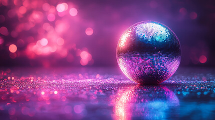 Obraz premium Disco ball on a glittery surface with pink lights.