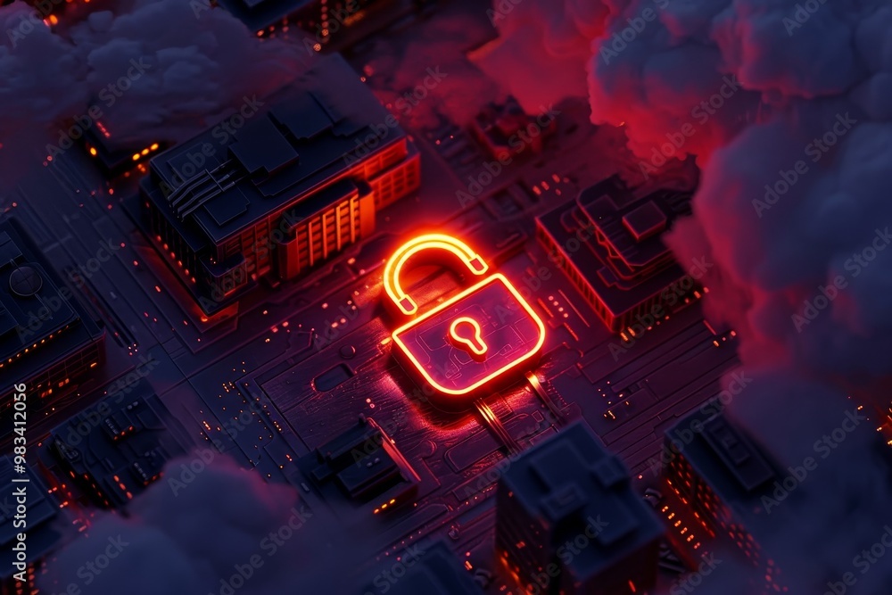 Poster neon lock symbol glowing on circuit board, digital security and cyber crime concept. 3d rendering.