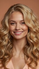 Naklejka premium Smiling Blonde Woman in Pink Top With Subtle Lace Detailing