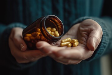 woman hold pills on hand pouring capsules from medication bottle
