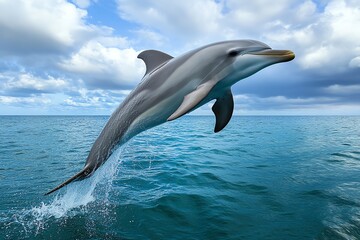 Fototapeta premium Grey dolphin, leaping gracefully out of the ocean under a cloudy sky