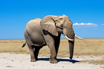 Fototapeta premium Grey elephant, walking through the savannah, its skin weathered and ancient
