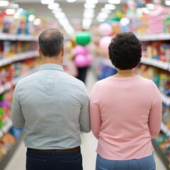 Parents shopping for toys on Black Friday for holiday gifts selective focus - Family-driven purchasing - whimsical - Composite - Toy store backdrop