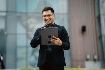 Confident Businessman with Tablet: A stylish and successful Asian businessman looks at a tablet in a modern business setting, radiating confidence and professionalism. He is dressed in a sharp suit an