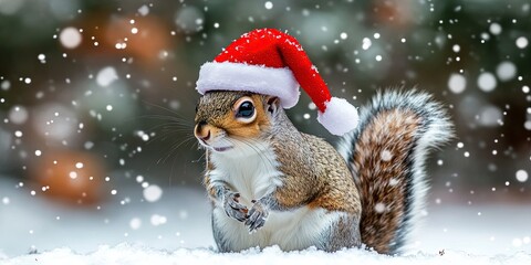 Squirrel wearing Santa hat in the winter snow for Christmas 2024
