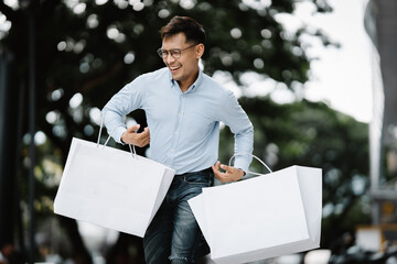 Retail Therapy Rush:  A joyful young man dashes through the city, white shopping bags swinging,...