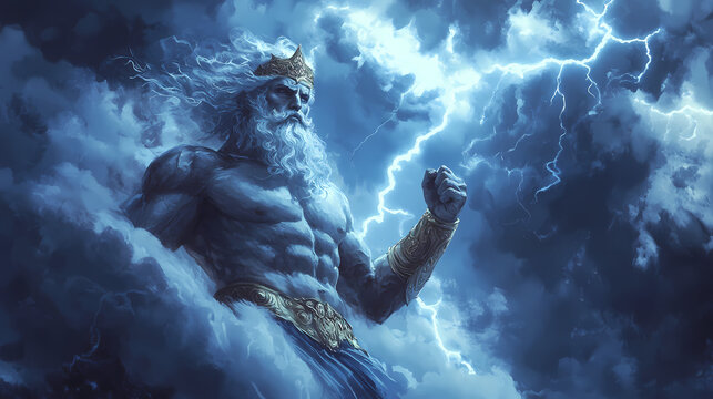 Illustration of zeus, god of sky and thunder. zeus the king of the greek gods ready to hurl lightning bolts down upon the earth and mankind. generative ai. Greek Gods. Illustration