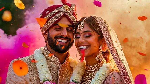 A joyful Indian couple, adorned in traditional wedding attire, embrace and smile amidst vibrant colors and floating petals. The groom wears a turban and sherwani, while the bride wears a lehenga and