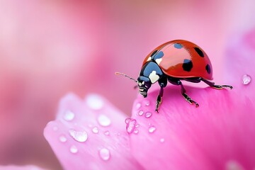 Obraz premium Close up of ladybug on pink flower petal with raindrops