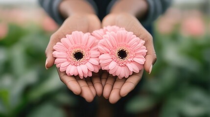 Hands holding pink flowers in honor of breast cancer awareness close up - Floral tribute to those affected - vibrant - Manipulation - Garden backdrop