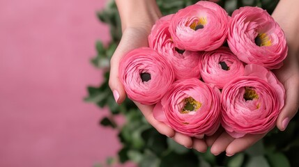 Hands holding pink flowers in honor of breast cancer awareness close up - Floral tribute to those affected - vibrant - Manipulation - Garden backdrop