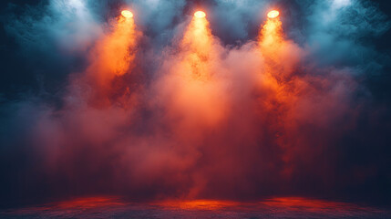 Fototapeta premium Three spotlights illuminate a smoky stage with an orange glow.