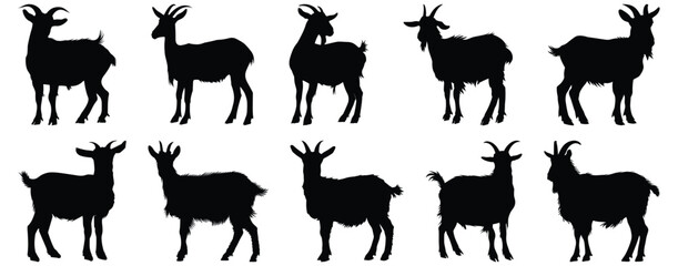 Goat silhouettes set, animal pack of vector silhouette design, isolated background