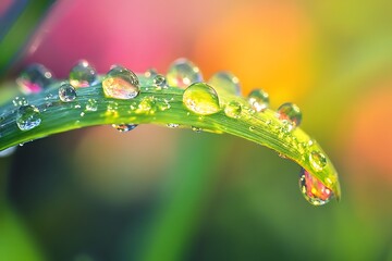 Close up of Dew Drops on Green Leaf with Colorful Background