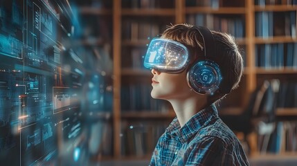 Online education school course with VR-glasses. Boy in virtual reality headset e-learning technology