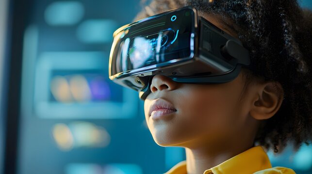Online education school course with VR-glasses. Virtual reality headset e-learning technology. African preteen girl engaged in online school study. Advanced technology and knowledge acquisition
