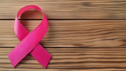 Pink ribbon symbol for breast cancer awareness resting on a table close up - Global symbol of hope - vibrant - Composite - Wooden table backdrop